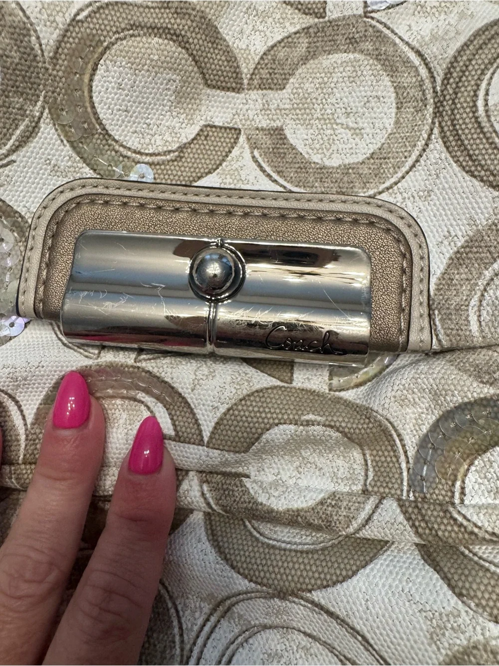 Coach Iridescent Signature Shoulder Bag in Taupe and Cream